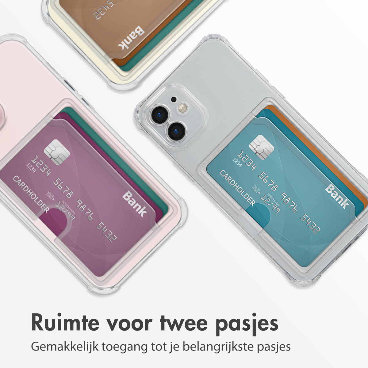 Drie telefoons met doorzichtige hoesjes, elk met kaarten in een kaarthouder. Twee tonen kaarten.