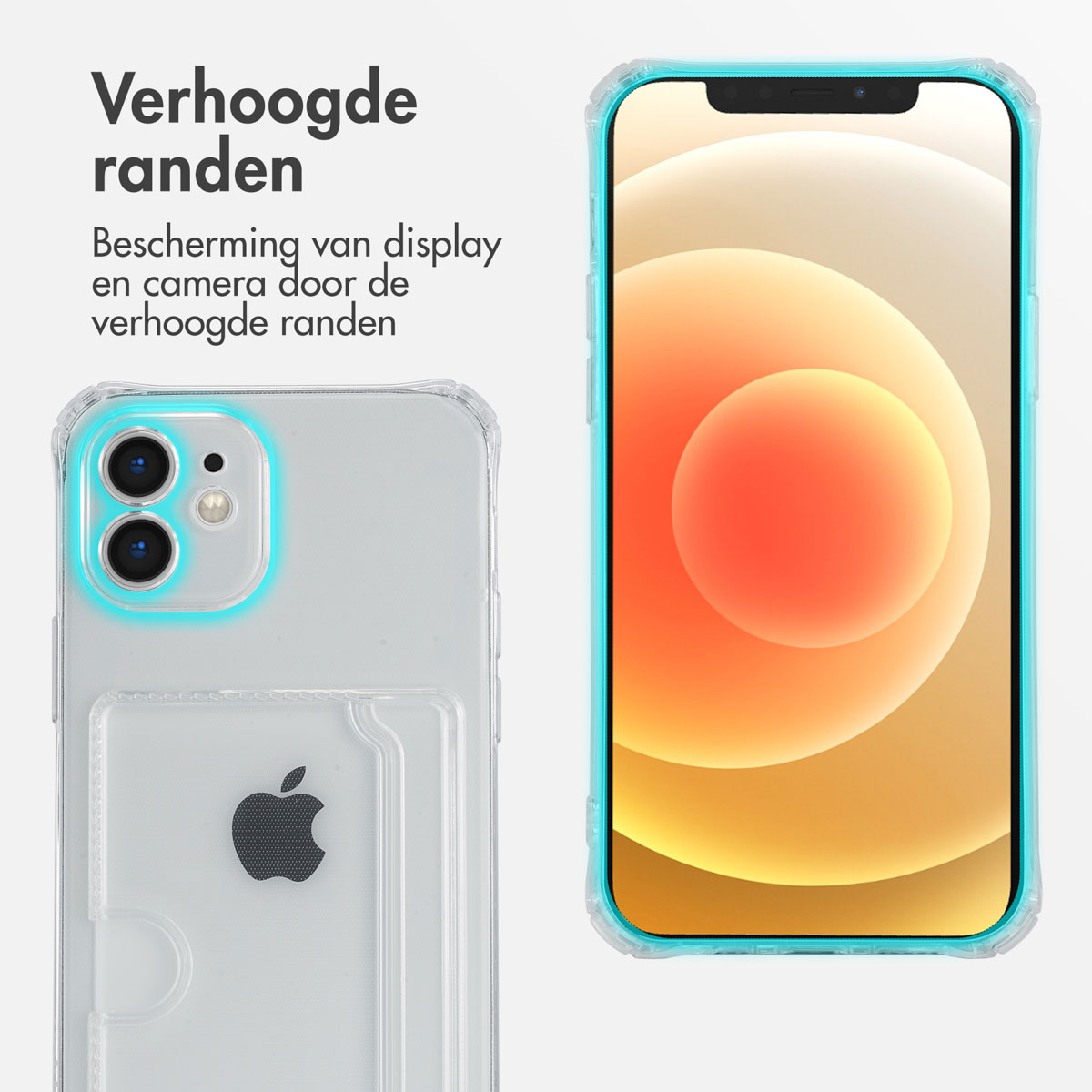 Een telefoon met een transparante hoes, die het scherm laat zien, en een transparante hoes met een kaarthouder.