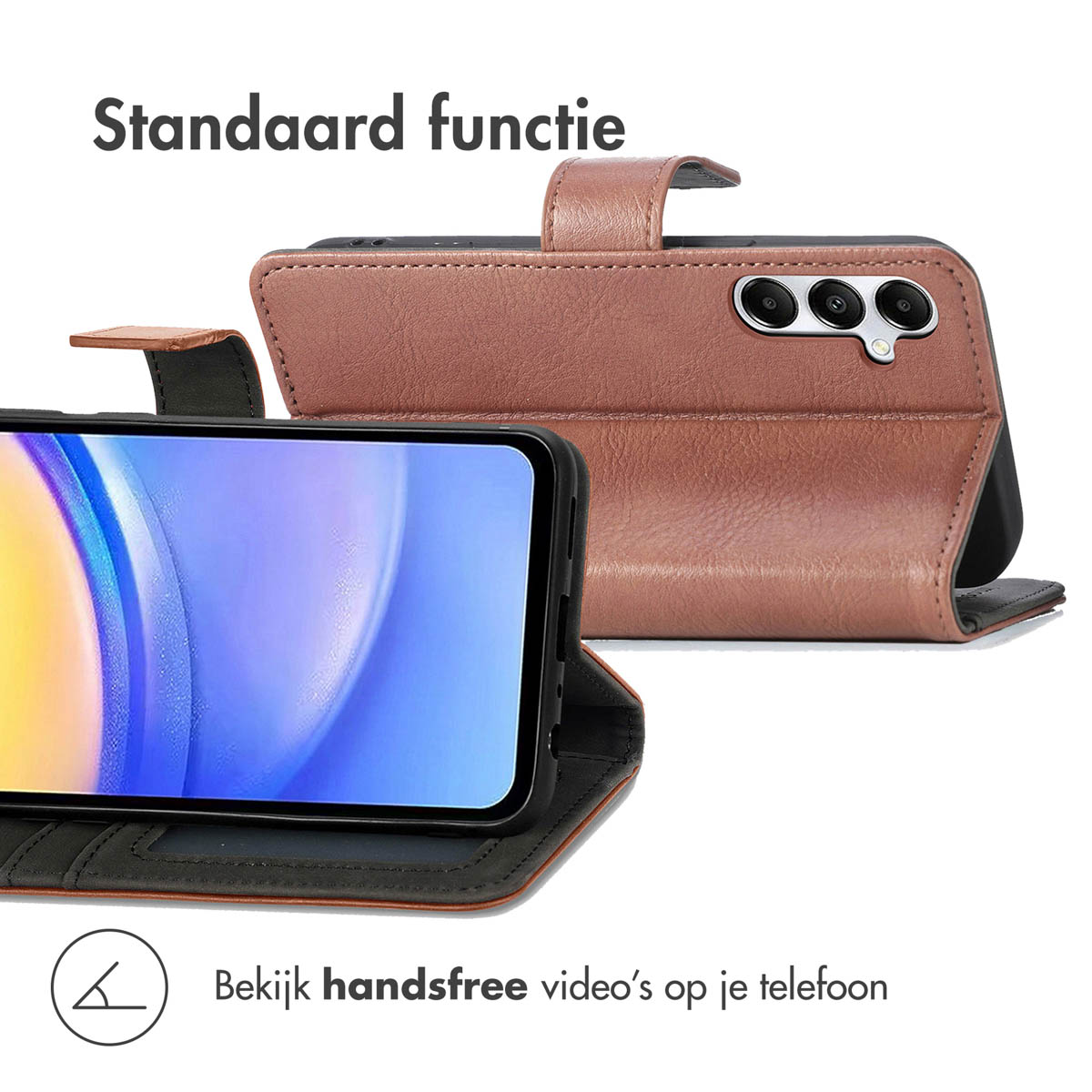 Un étui de téléphone marron avec un écran de smartphone et trois caméras.