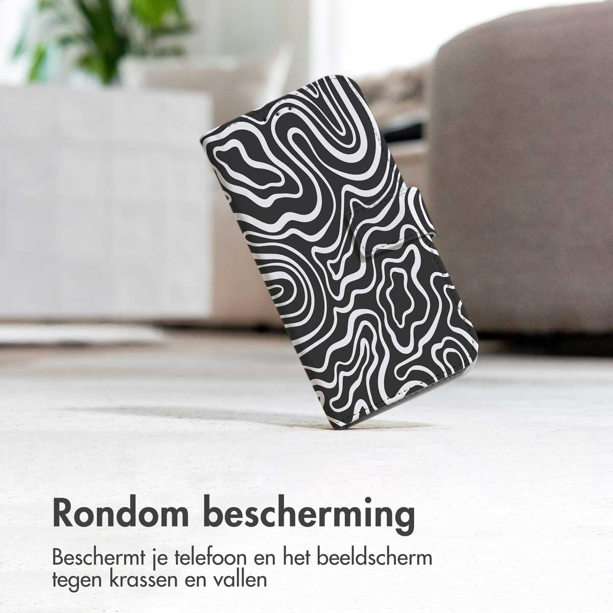 Zwart-wit patroon telefoonhoesje. Tekst: 'Rondom bescherming'.