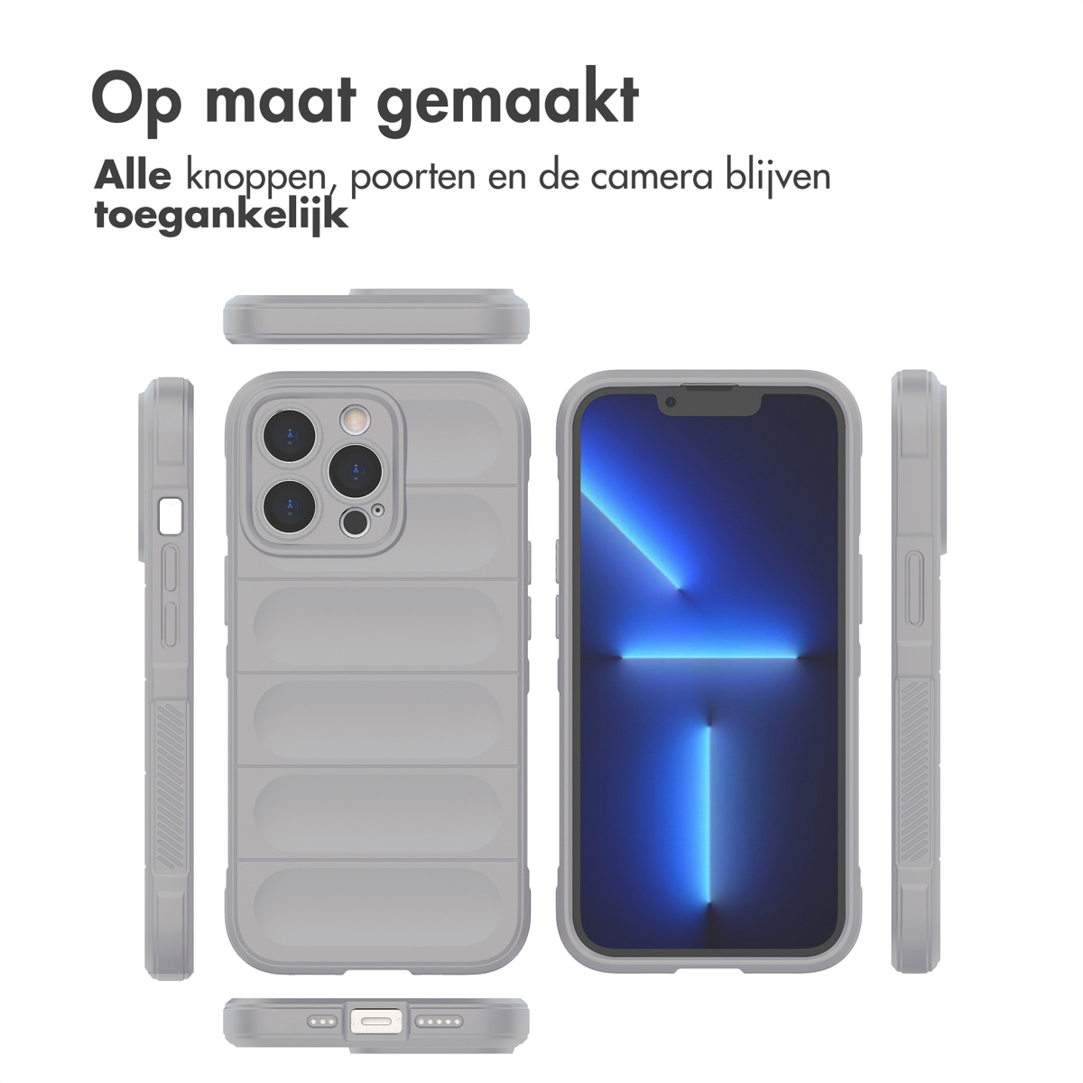 Graue Handyhülle mit Aussparungen für Kamera und Anschlüsse, iPhone.