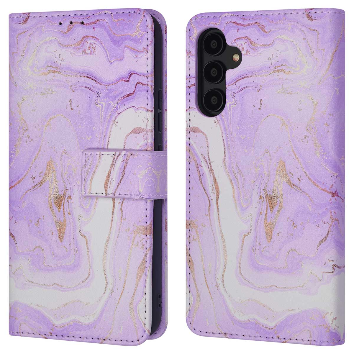 Een paarse marmeren telefoonhoes met gouden accenten, open en gesloten.