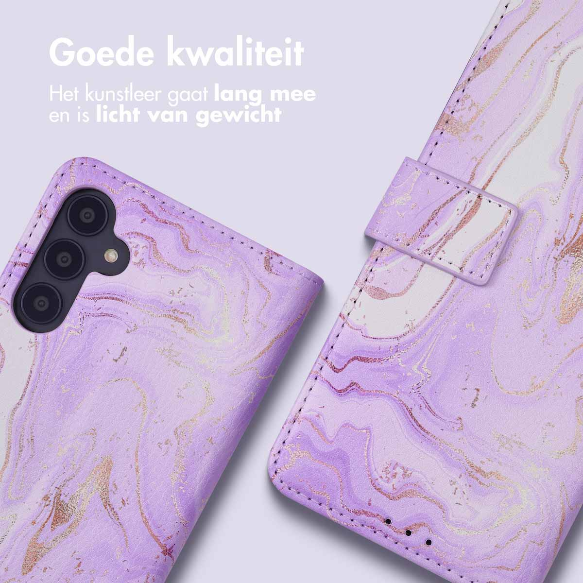 Paarse marmeren telefoonhoes met gouden accenten.