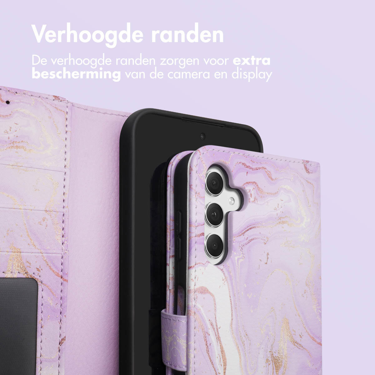 Paarse marmeren telefoonhoes met verhoogde randen voor camera- en schermbescherming.