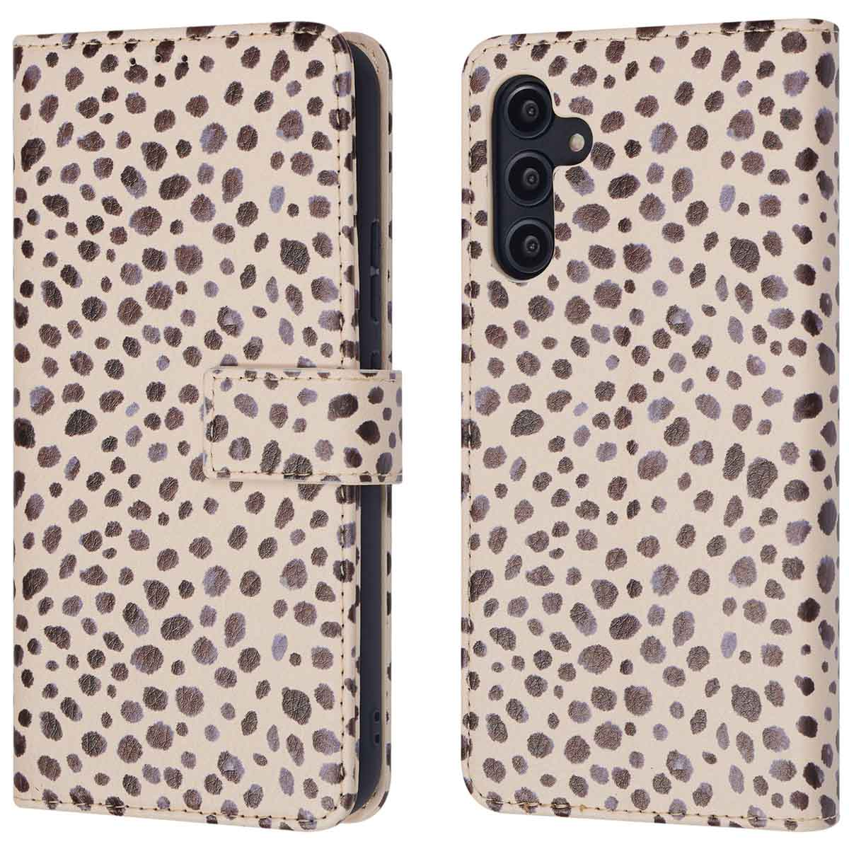 Beige telefoonhoesje met luipaardprint en camerauitsparing.