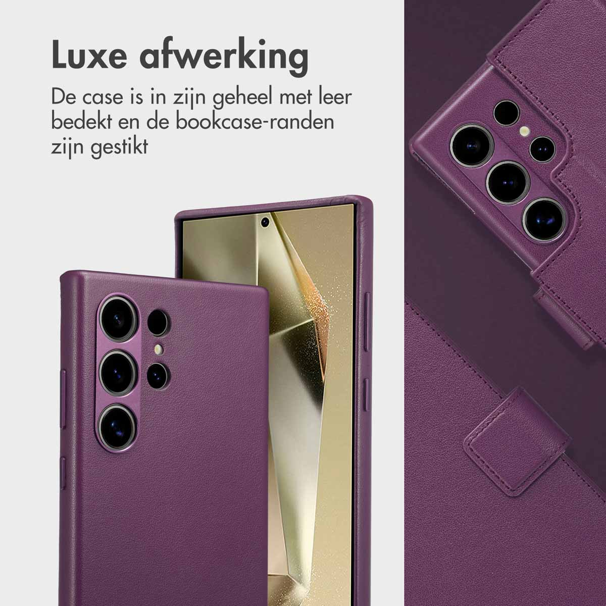 Paarse telefoonhoes en smartphone met drie camera's. Elegante lederen afwerking.