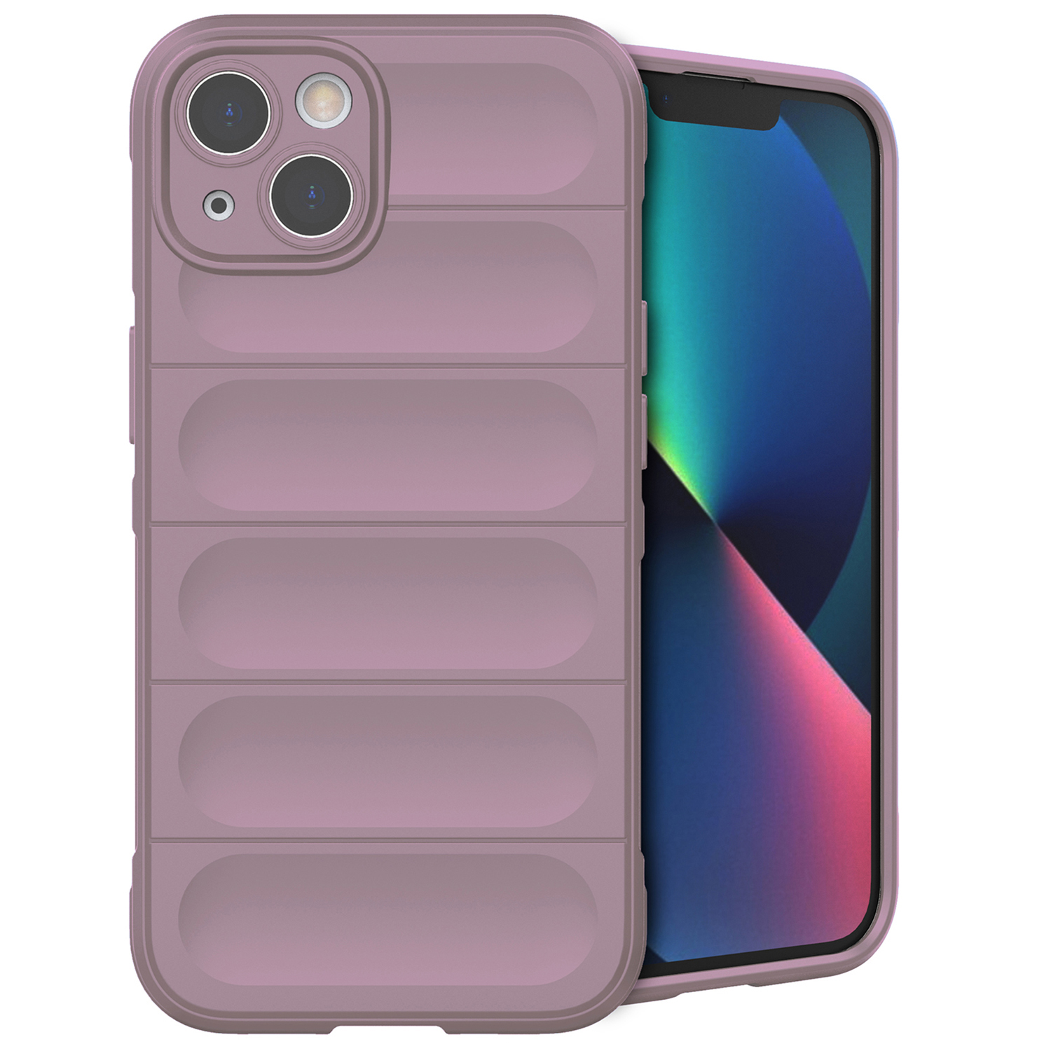 Telefon mit einer staubrosa Hülle. Die Hülle hat ein geriffeltes Design. Der Bildschirm ist sichtbar.