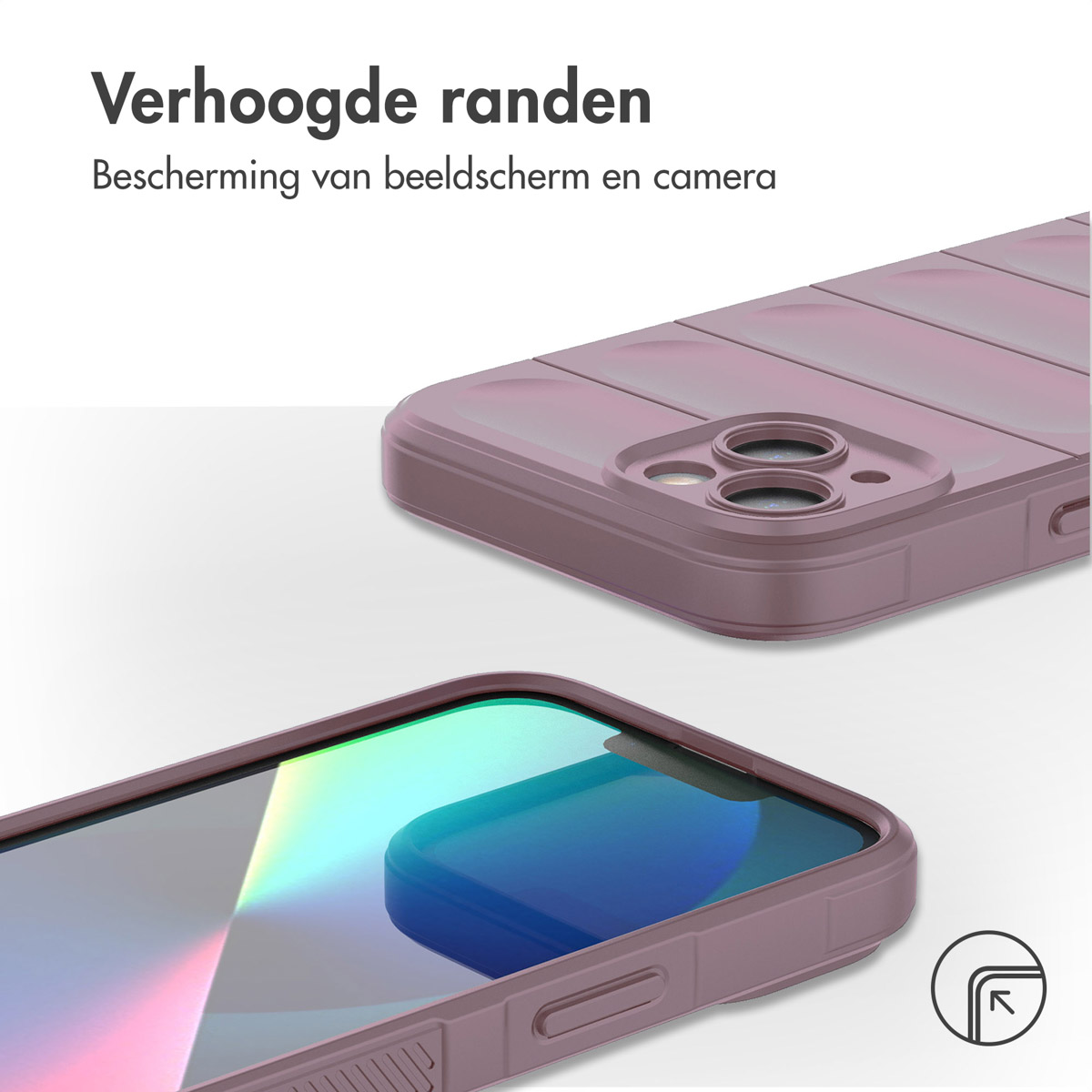 Telefon mit staubrosa Hülle. Die Hülle hat ein geriffeltes Design. Der Bildschirm ist sichtbar.