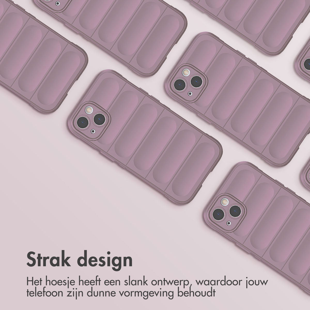 Mehrere staubrosa Handyhüllen angeordnet. Sie haben ein geriffeltes Design. Der Hintergrund ist hellrosa.