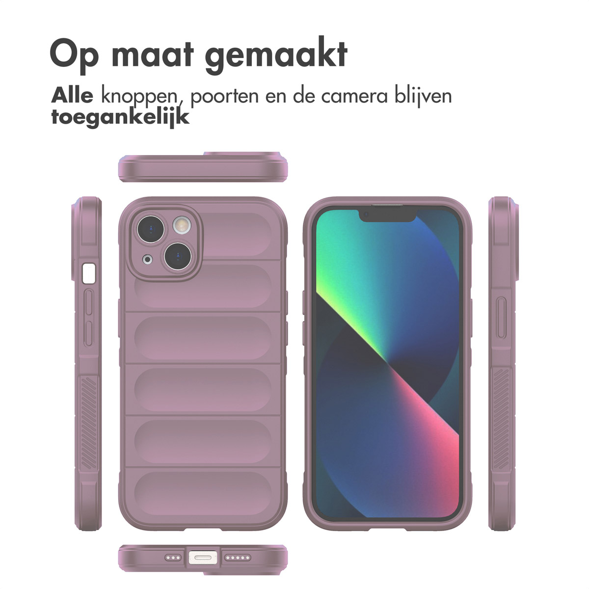 Eine Handyhülle in mehreren Ansichten. Sie ist mauve und hat ein strukturiertes Design.