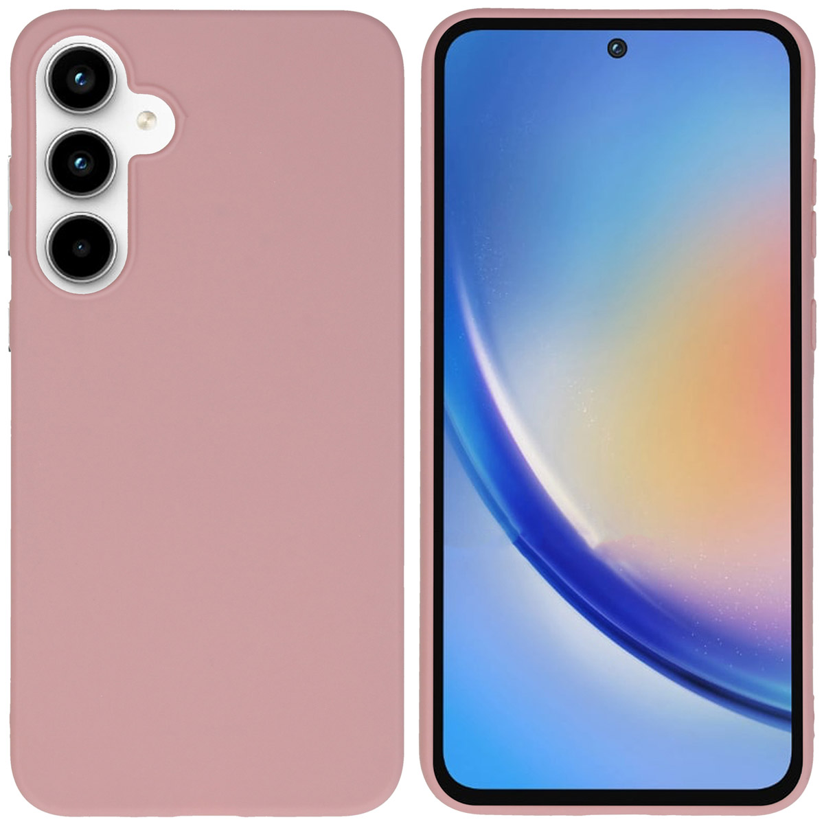 Roze telefoonhoesje met een telefoon erin. De hoes is effen roze.