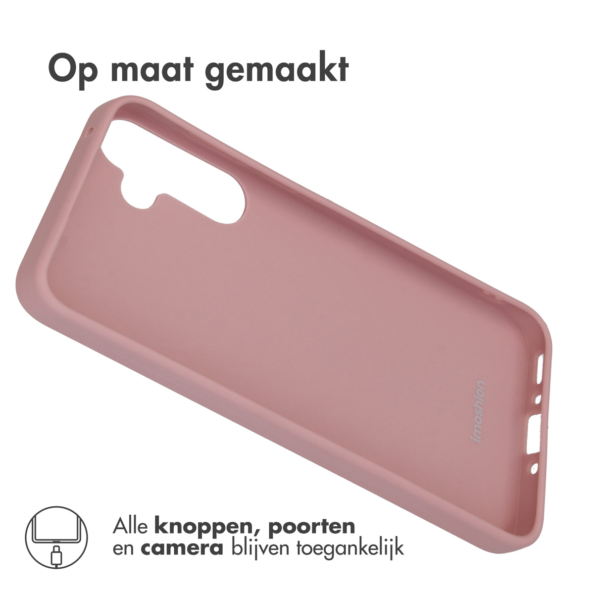 Een poederroze telefoonhoes met uitsparingen voor camera en poorten.