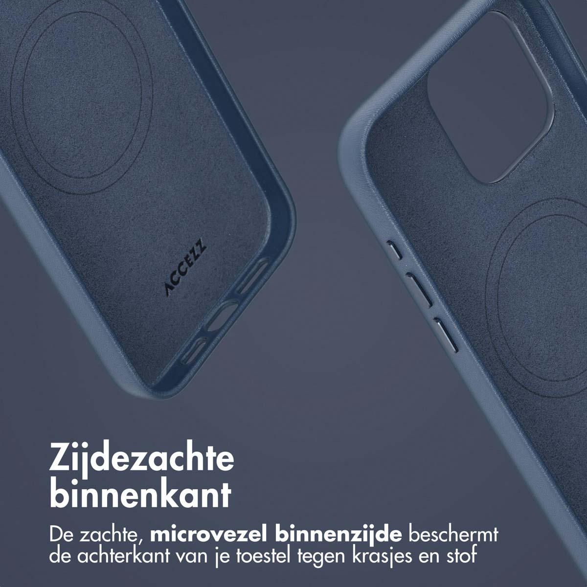 Due custodie per telefono con interno blu. Quella a sinistra ha il marchio, quella a destra mostra l'interno.