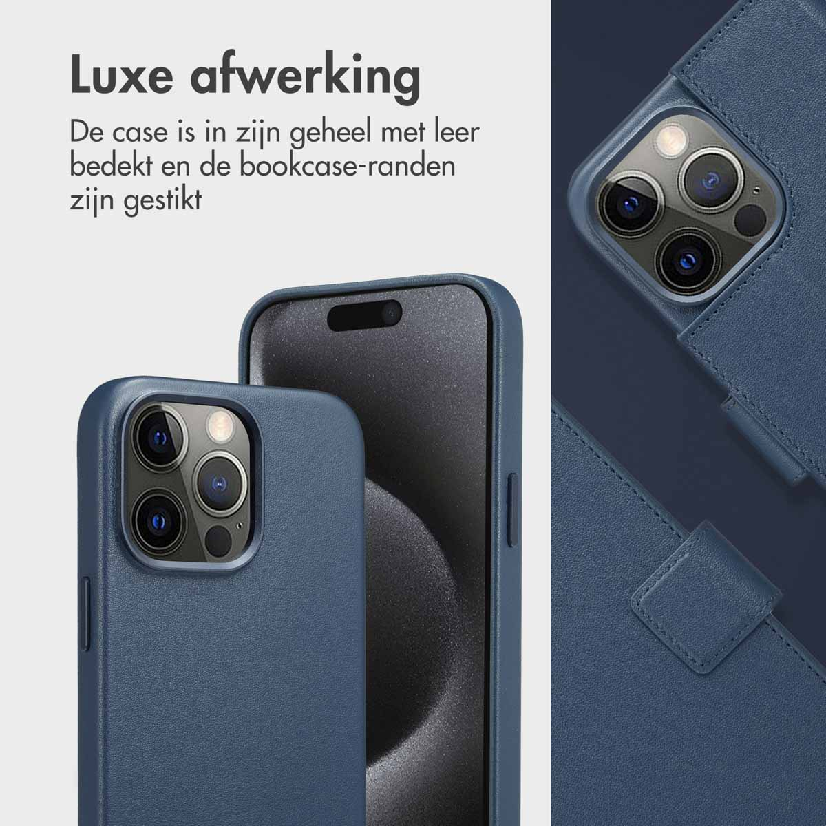Un primo piano mostra una custodia blu per telefono e un telefono. La custodia ha una texture in pelle. Lo schermo del telefono è nero.