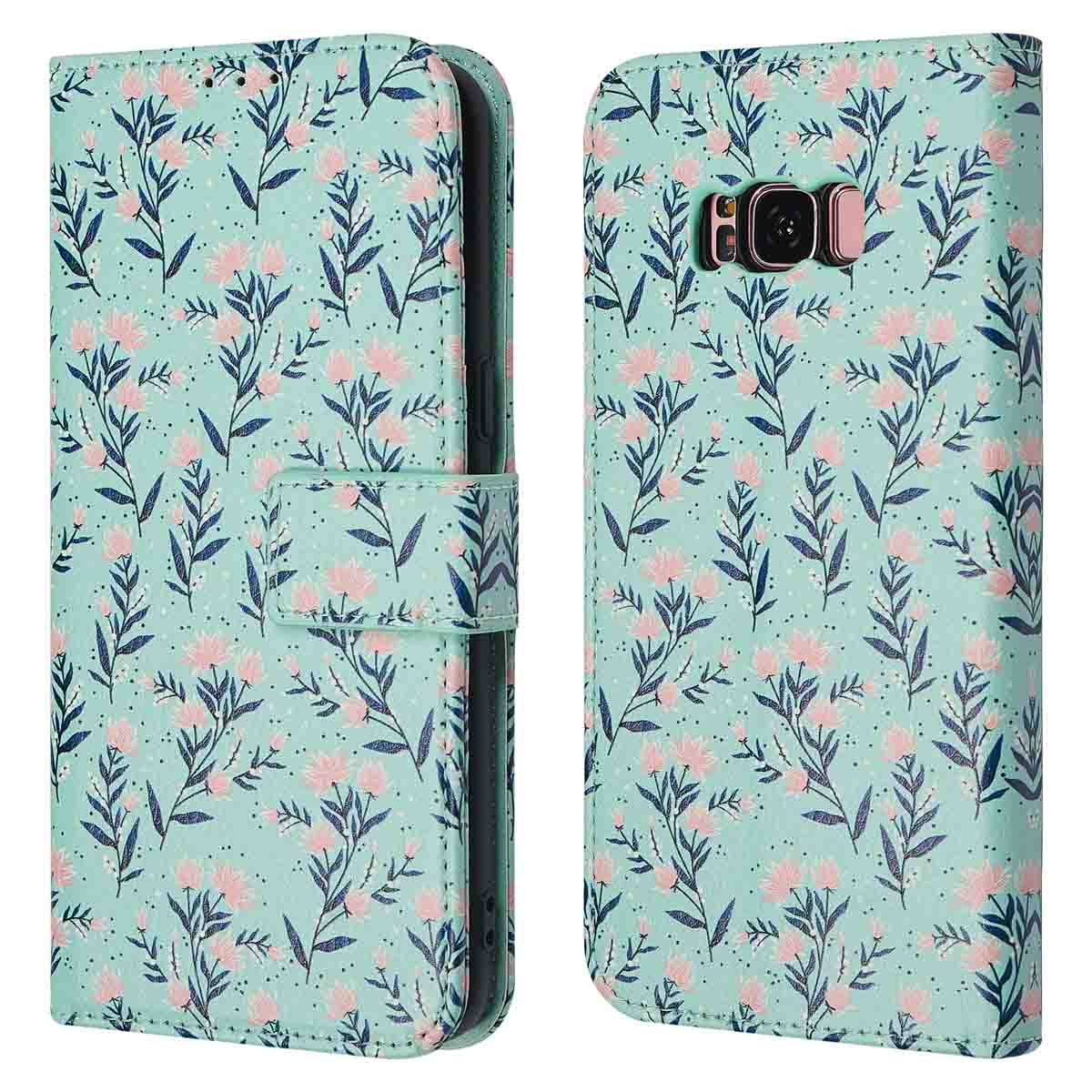 Una custodia per telefono verde chiaro con un motivo floreale di fiori rosa e foglie blu scuro.