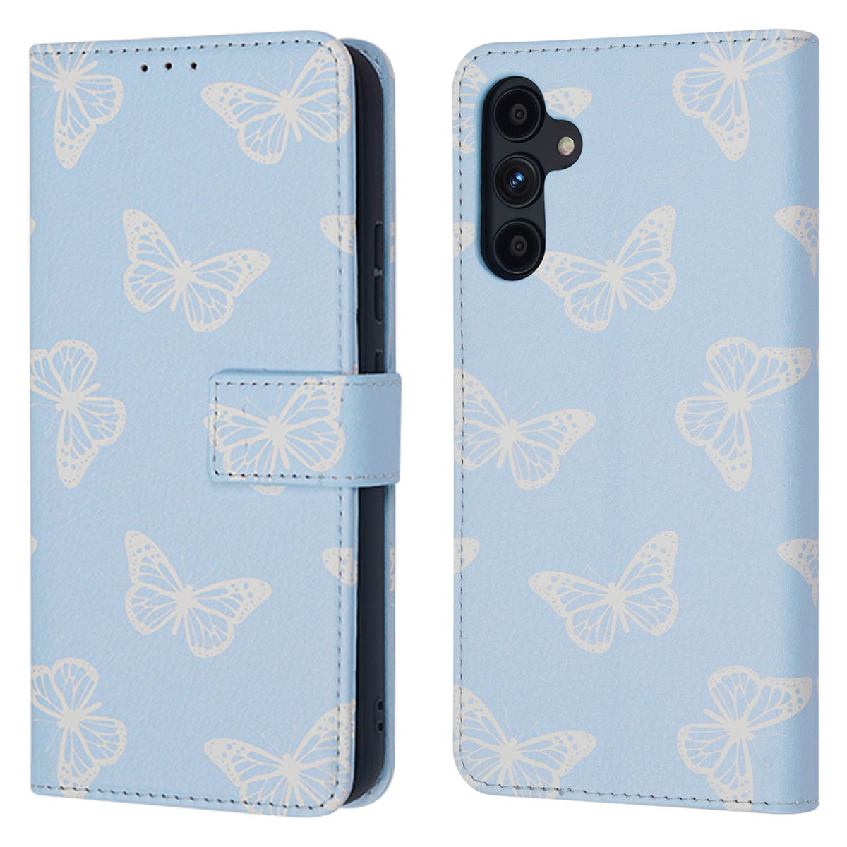 Étui à rabat bleu clair avec motif papillon blanc et découpe caméra.