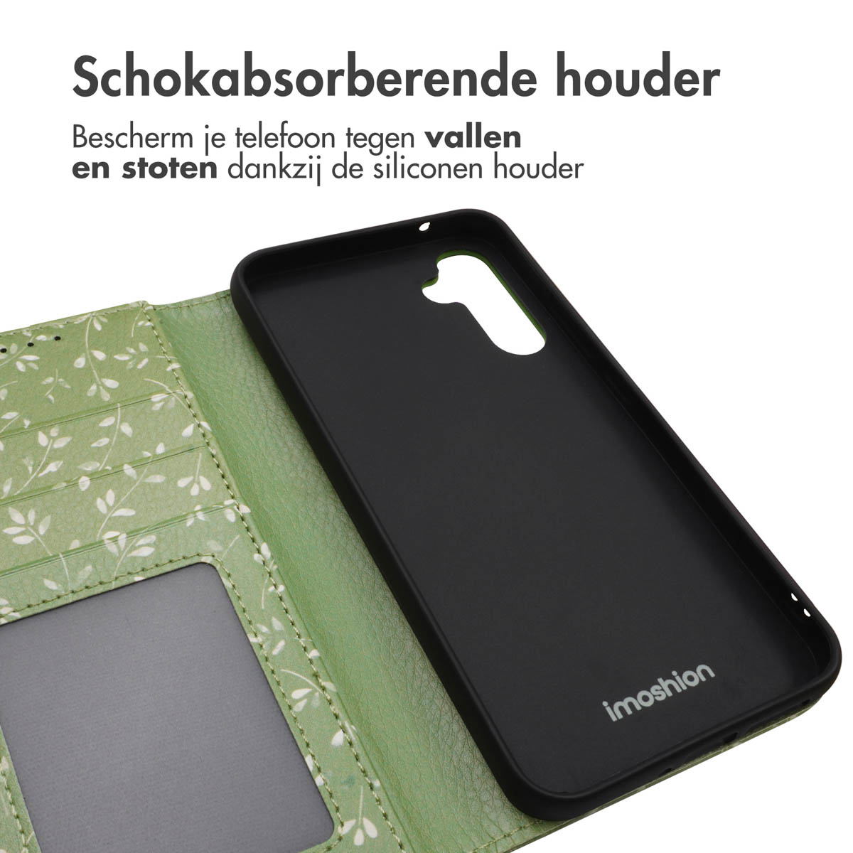 Étui portefeuille vert à fleurs ouvert avec support noir pour téléphone à l'intérieur.