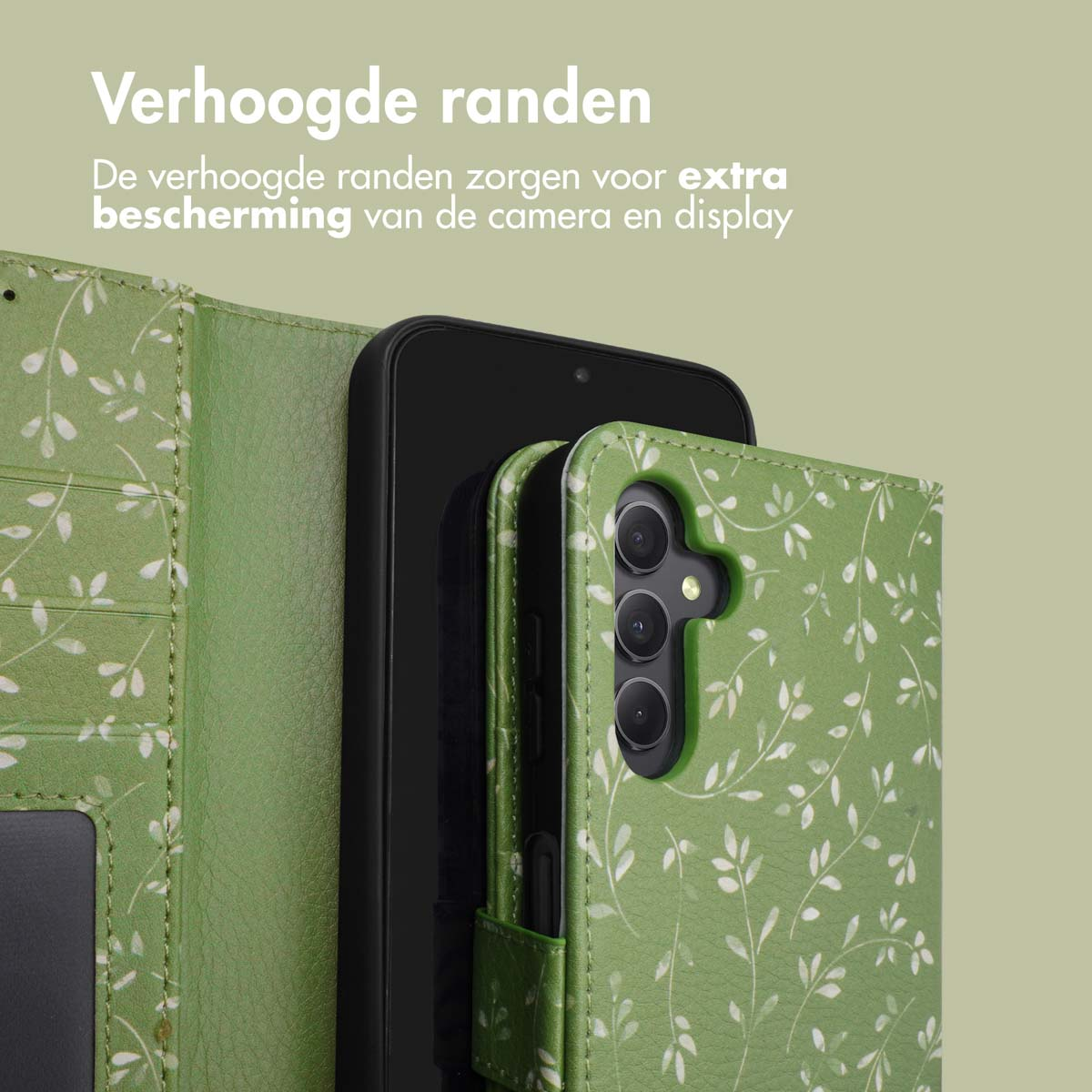 Étui de téléphone vert à motif de feuilles et bords surélevés pour protéger l'appareil photo et l'écran.