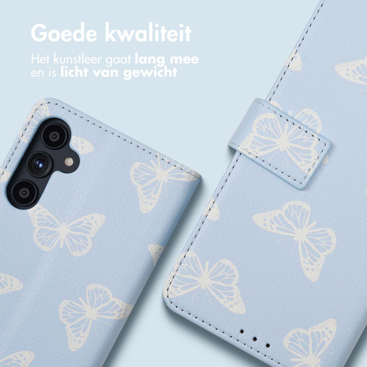 Coque de téléphone bleu clair à motif papillon blanc et appareil photo.
