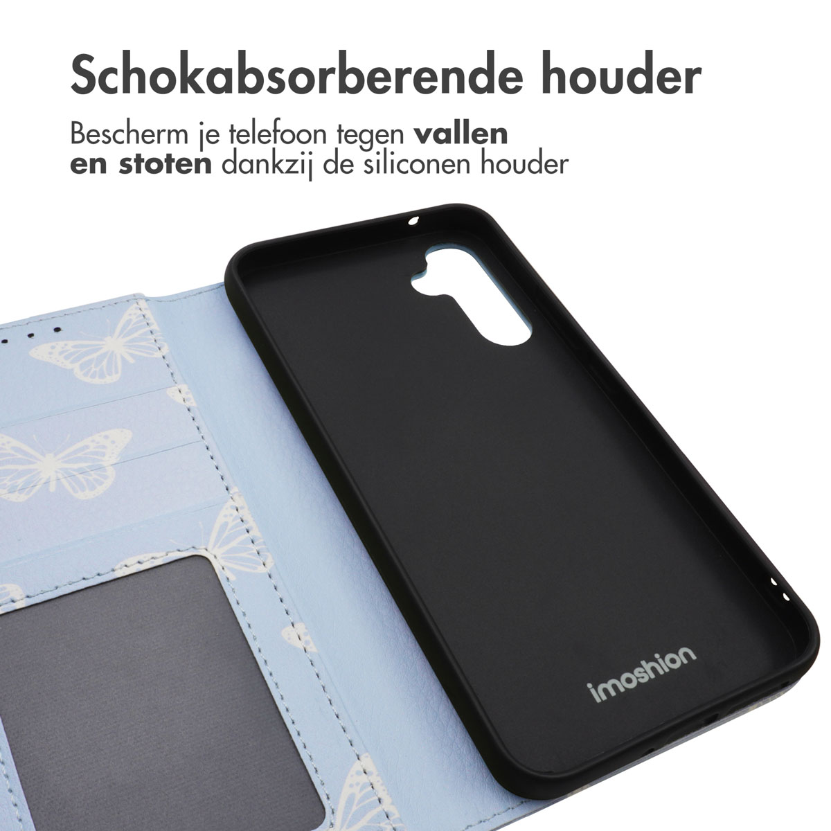 Coque de téléphone noire avec motif papillon à l'intérieur.