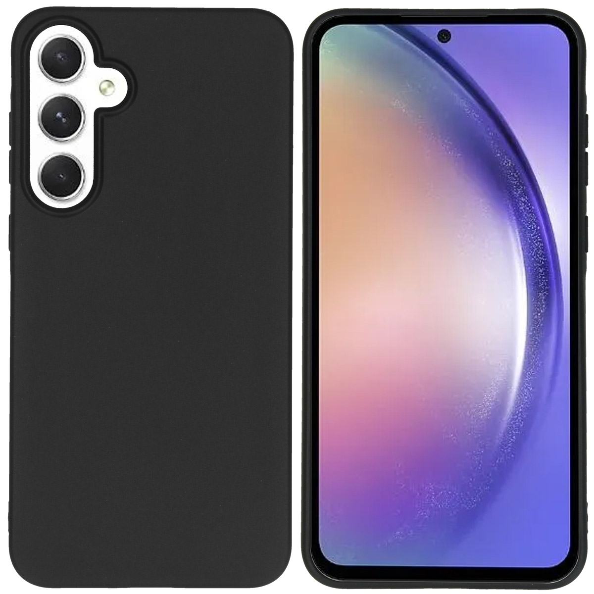 Un téléphone et une coque noirs. L'écran est visible. Fond blanc, vue latérale.
