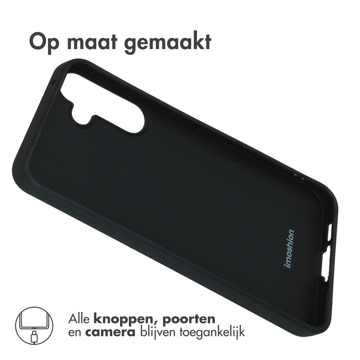 Coque de téléphone noire avec découpes pour boutons et appareil photo.