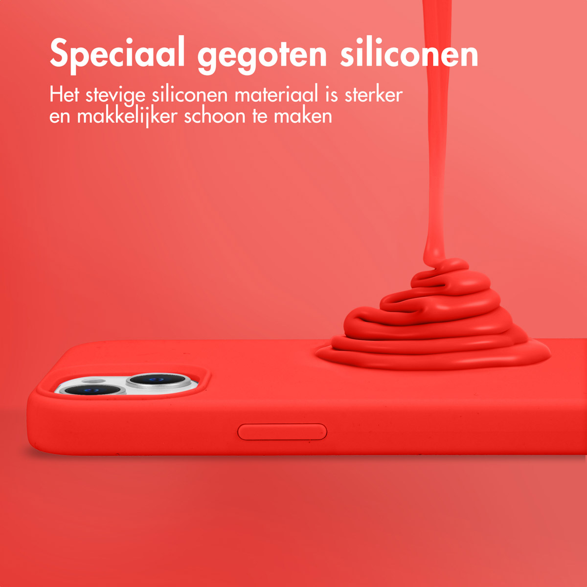 Rote Handyhülle mit flüssigem Silikon, das auf rotem Hintergrund ausgegossen wird.