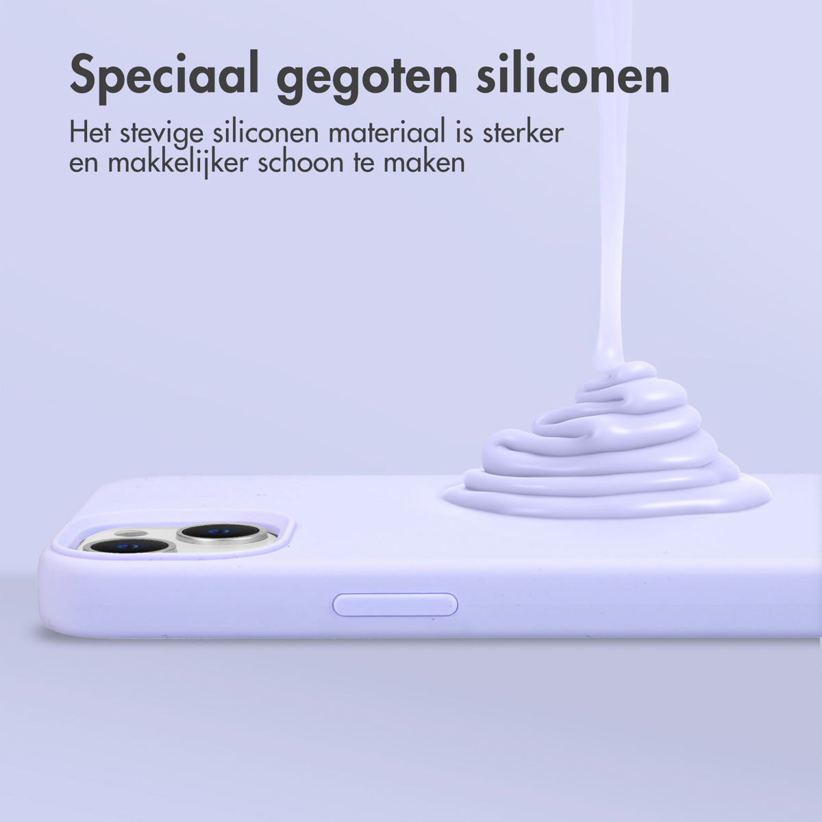 Een close-up van een witte telefoonhoes met een paarse vloeistof die erop wordt gegoten, een hoop vormend.