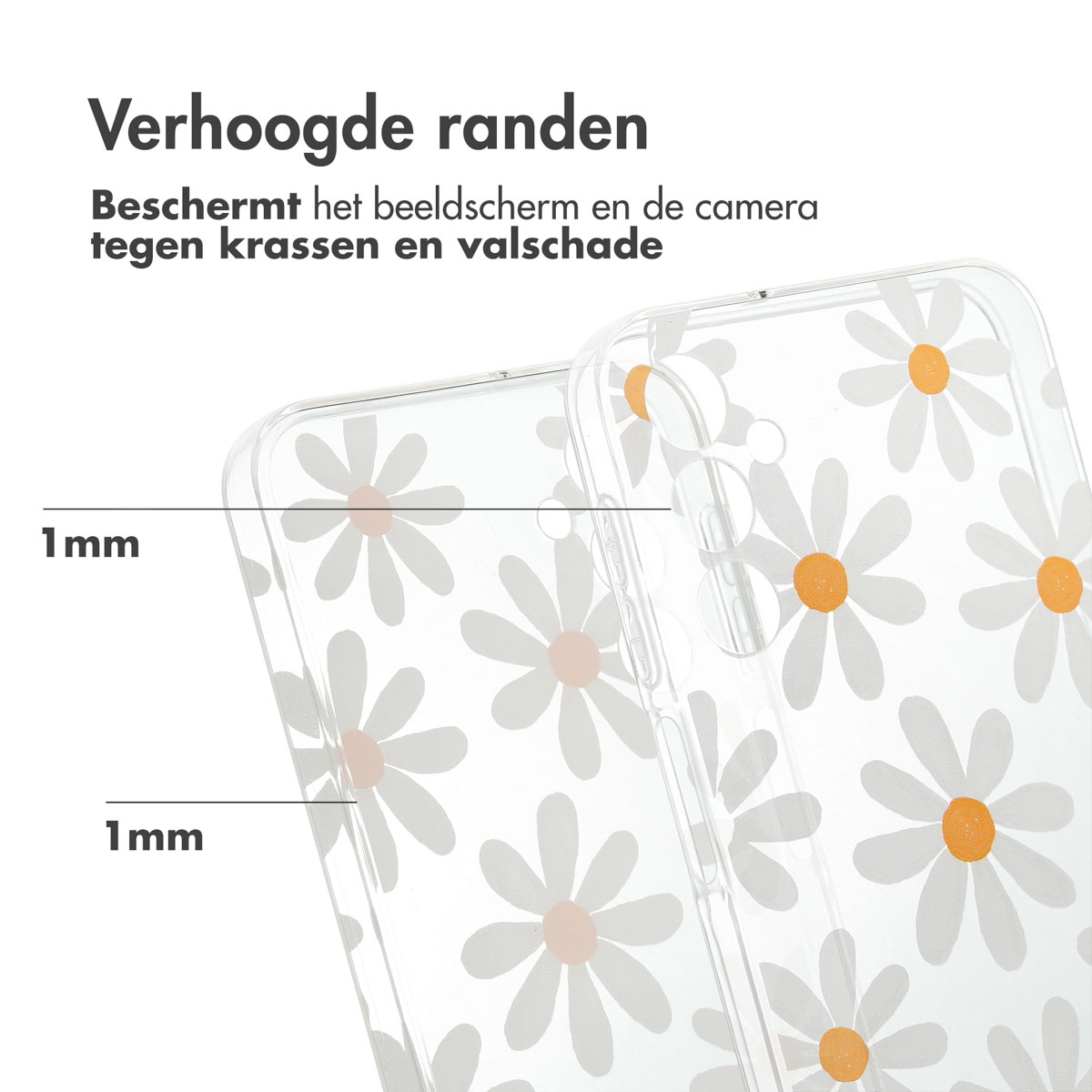 Coque de téléphone transparente avec marguerites blanches et bordure surélevée de 1 mm.