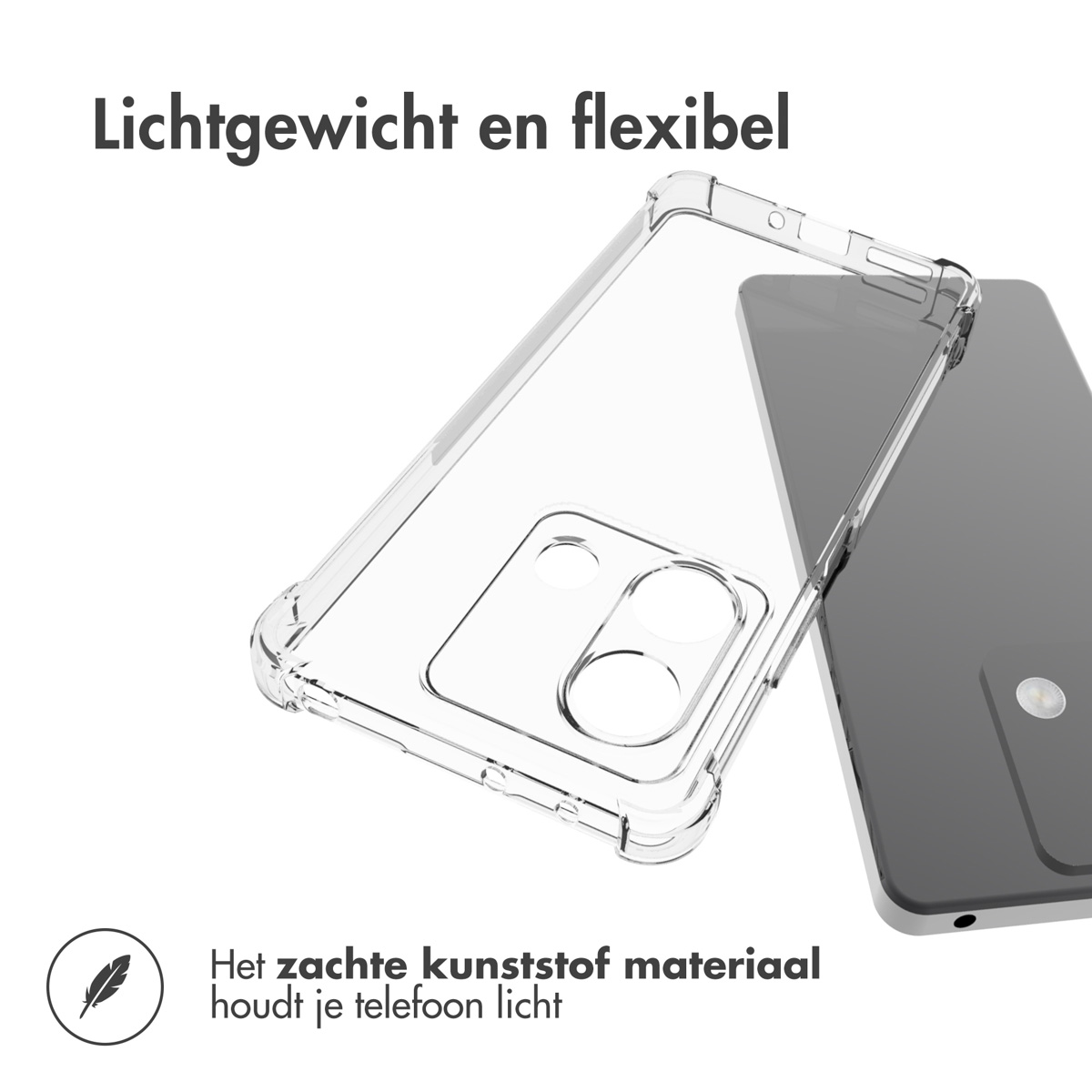 Telefono in una custodia trasparente, accanto a una custodia vuota. Mostra il design del telefono e la custodia trasparente e flessibile.