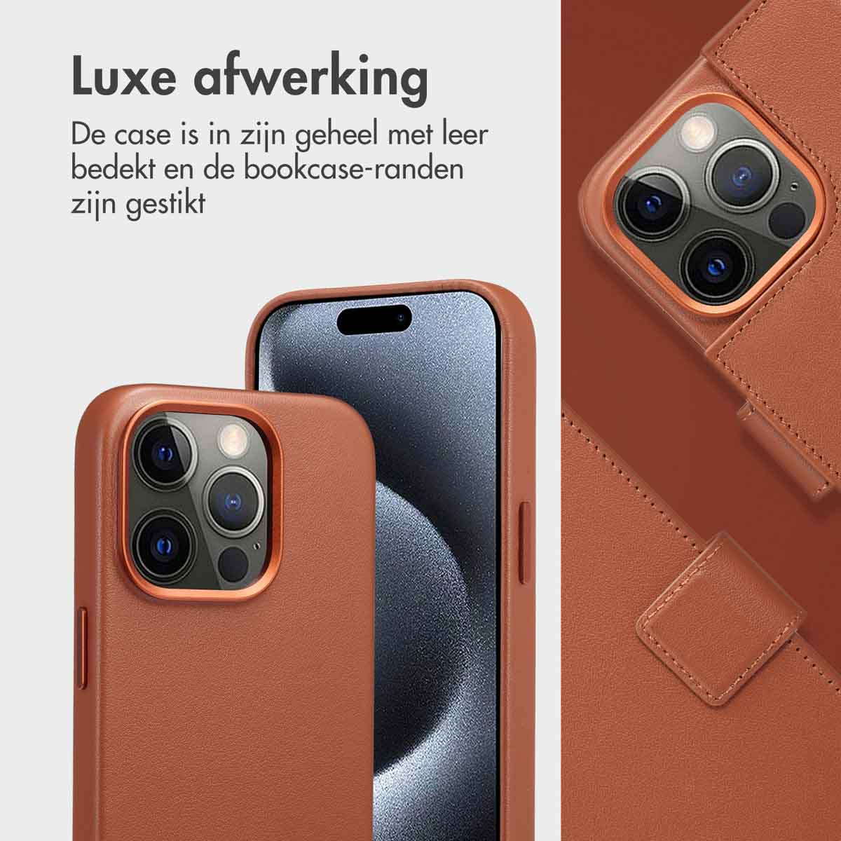 Gros plan sur des étuis de téléphone en cuir marron avec un téléphone à l'intérieur. Les étuis sont cousus et ont une finition premium.