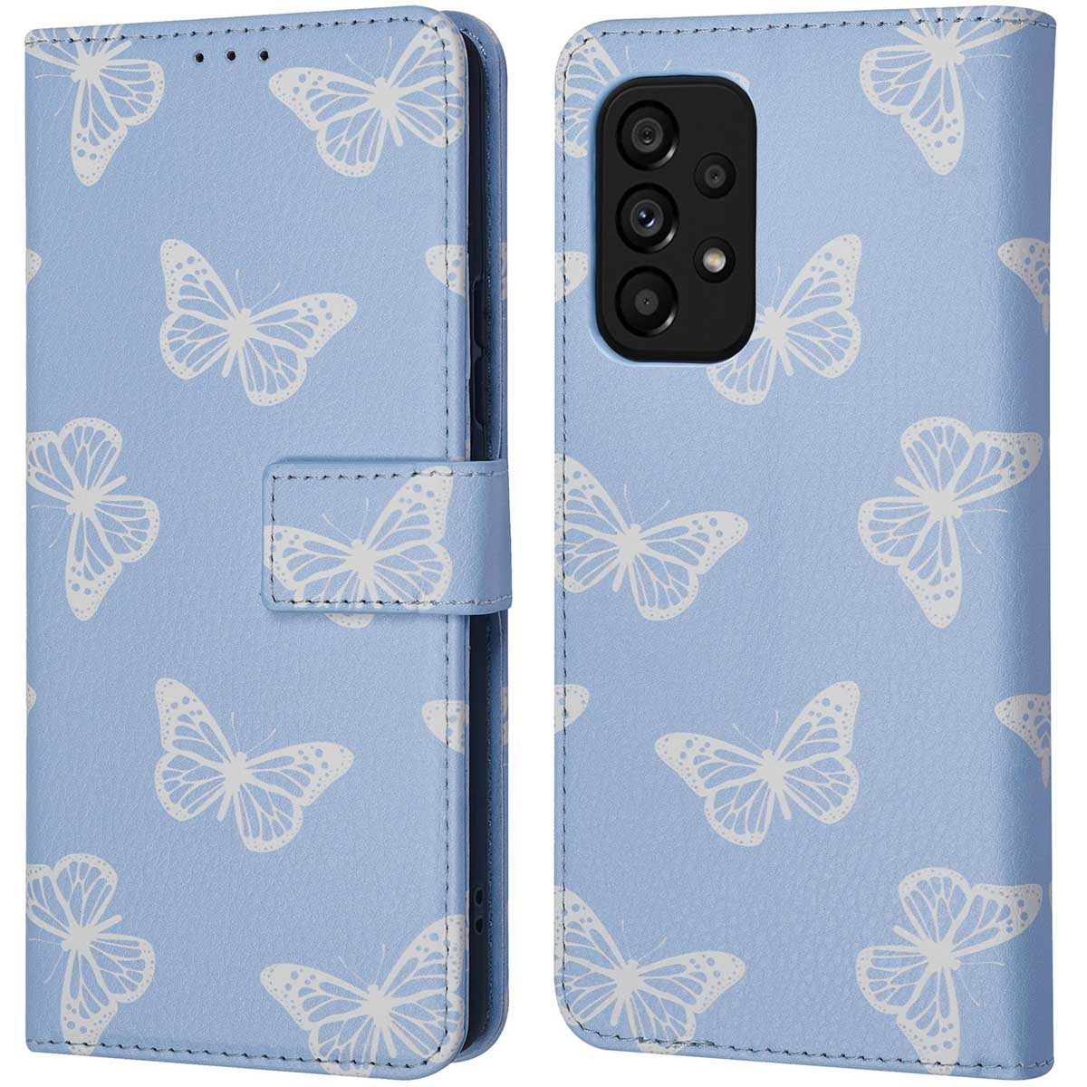 Een lichtblauwe telefoonhoes met witte vlinders, open getoond.