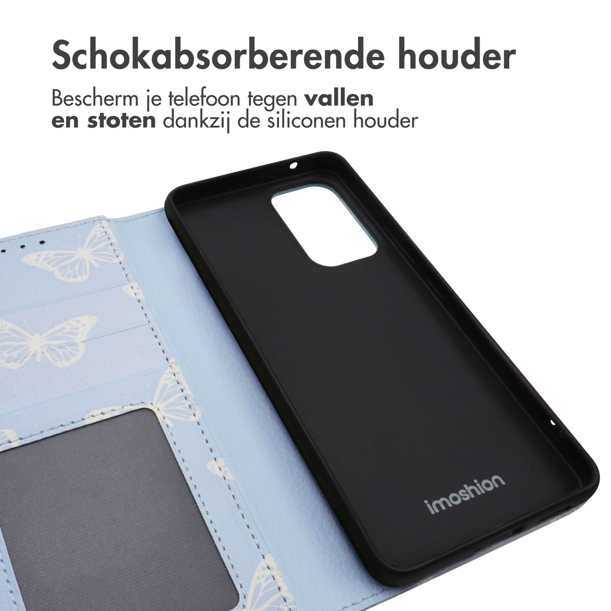 Zwarte telefoonhoes met vlinderpatroon aan de binnenkant.