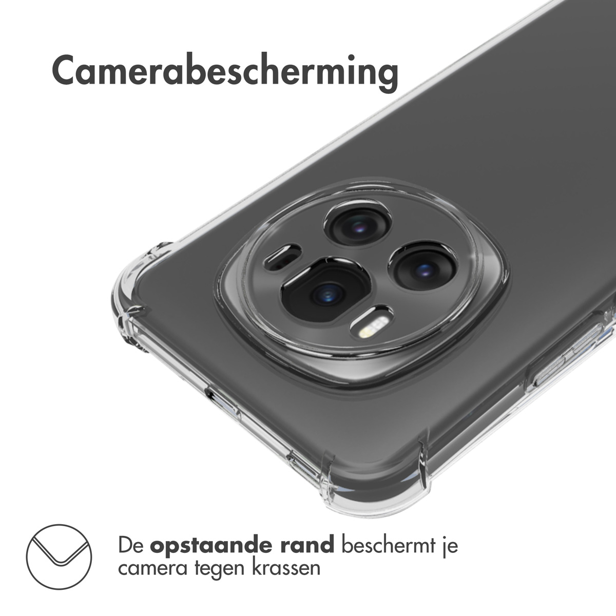 Una custodia trasparente per telefono su un telefono, che protegge la fotocamera. La custodia è su una superficie bianca.