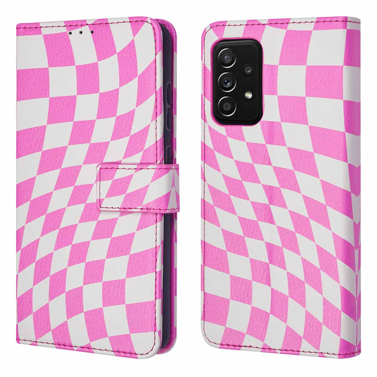 Een roze en witte flip telefoonhoes met ruitpatroon. Wit en roze patroon.
