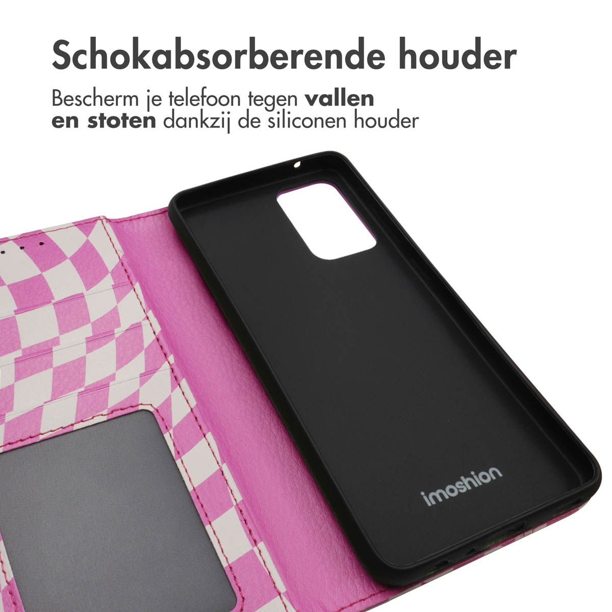 Zwarte telefoonhoes met roze-wit geblokt interieur en kaartsleuven.