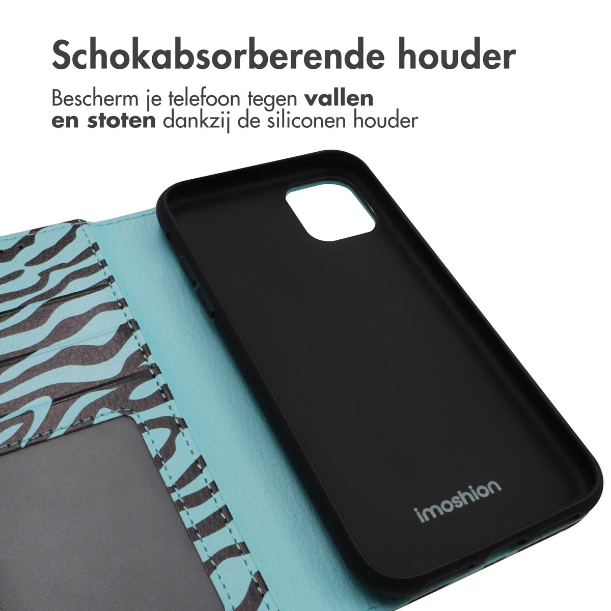 Zwarte telefoonhoes met zebraprint binnenkant en logo