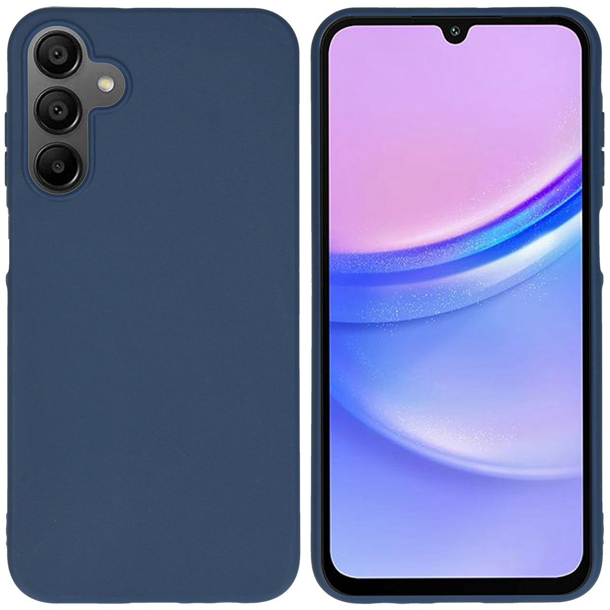 Deux téléphones, un avec un étui, côte à côte. Les deux ont la même couleur bleu foncé.