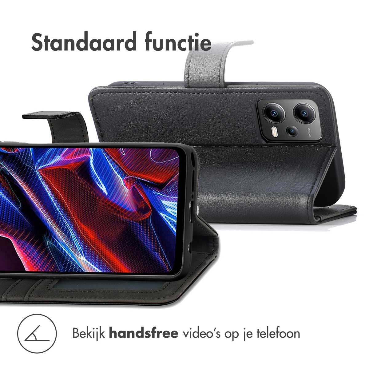 Un étui à rabat en cuir noir avec fonction de support pour smartphone.