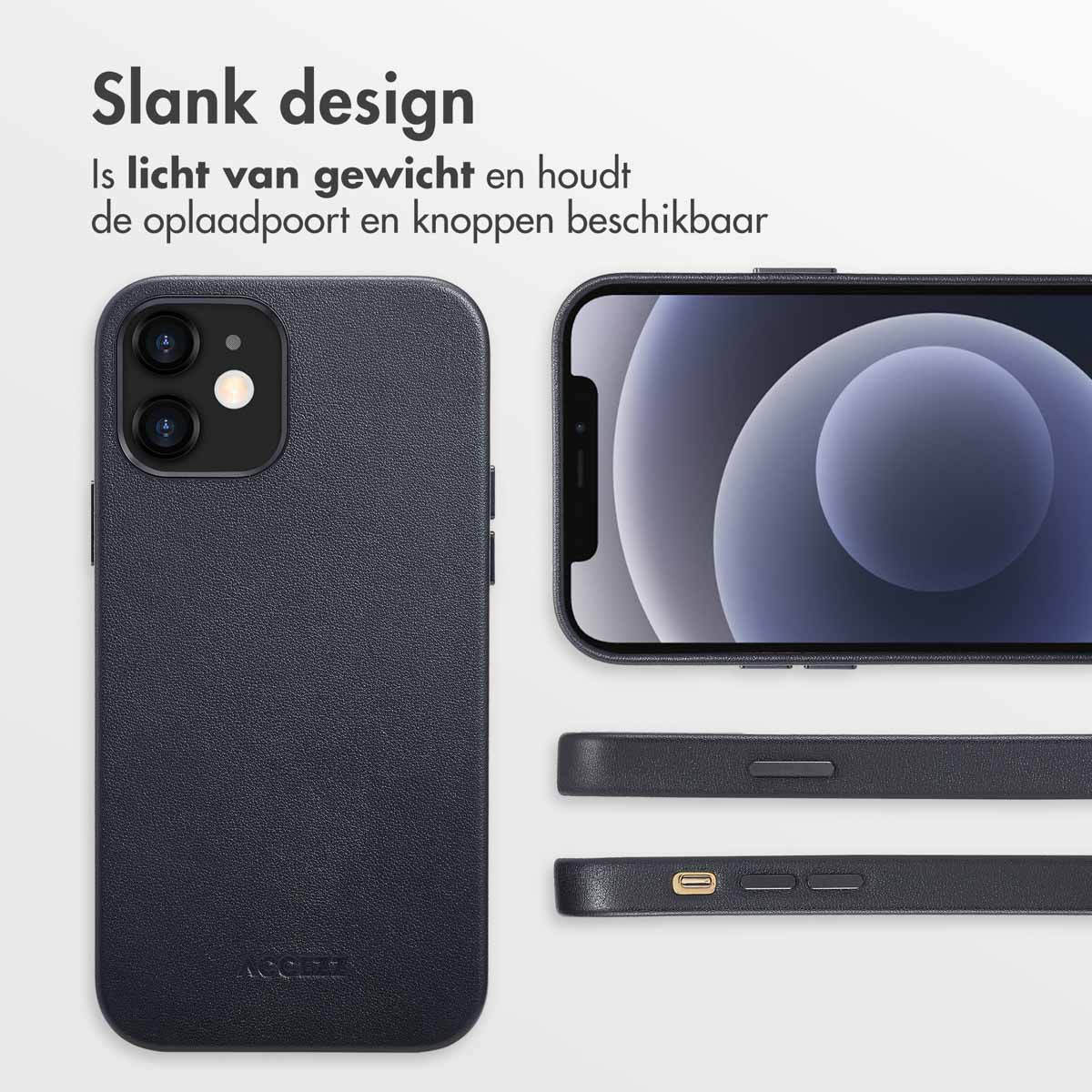Custodia e telefono. Testo: Design sottile, È leggero e mantiene la porta di ricarica e i pulsanti disponibili.