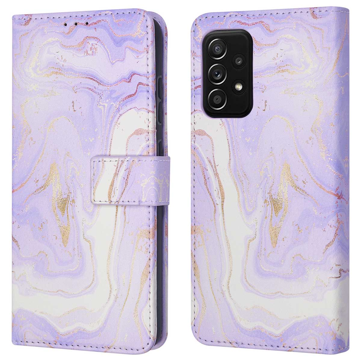 Paarse marmeren telefoonhoes met gouden aders, open en gesloten.