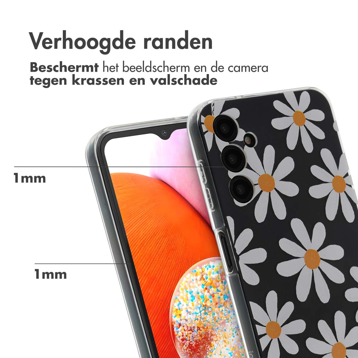 Telefoonhoesje met madeliefjesontwerp, met verhoogde randen. De telefoonhoes beschermt het scherm en de camera.