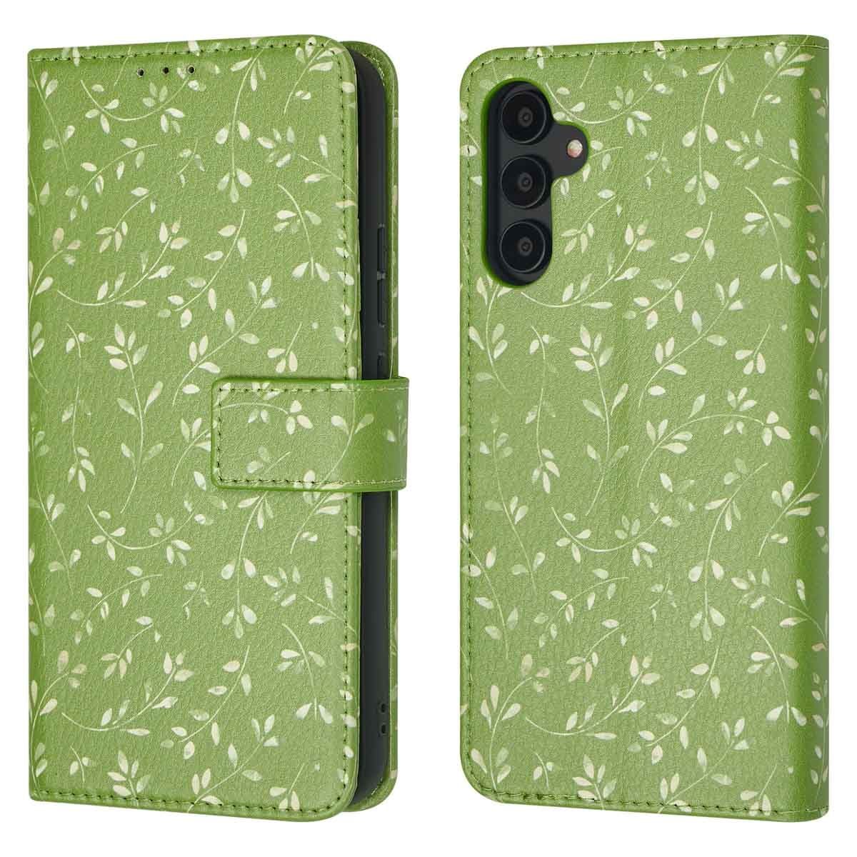 Étui de téléphone vert à motif de feuilles, montré ouvert et fermé.