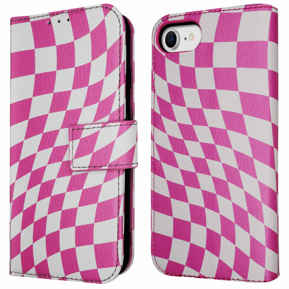 Roze en witte geruite telefoonhoes, open. Toont de telefoon met een uitsparing voor de camera. Sluit met een magnetische sluiting.