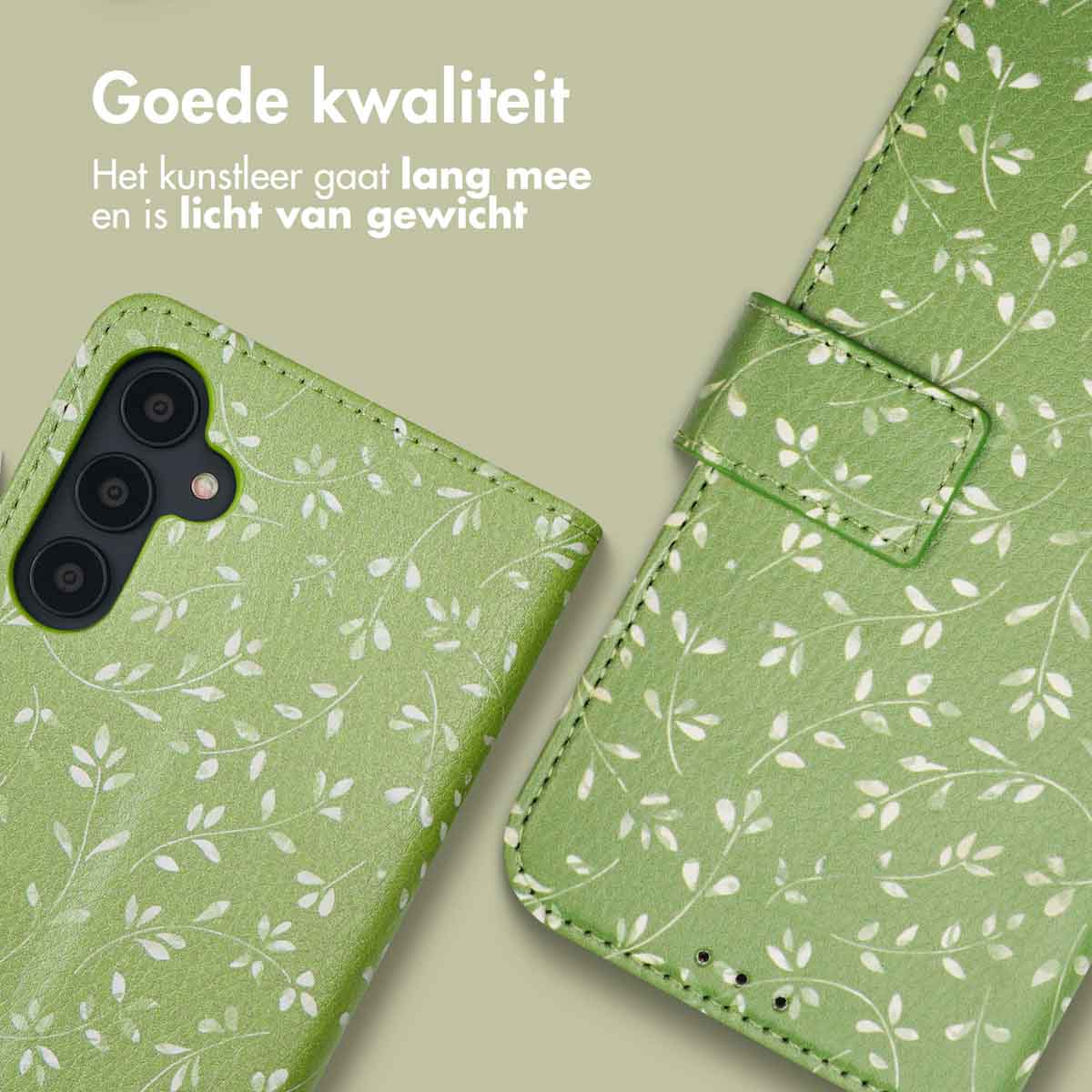 Étui de téléphone vert à motif de feuilles, montrant caméras et sangle.