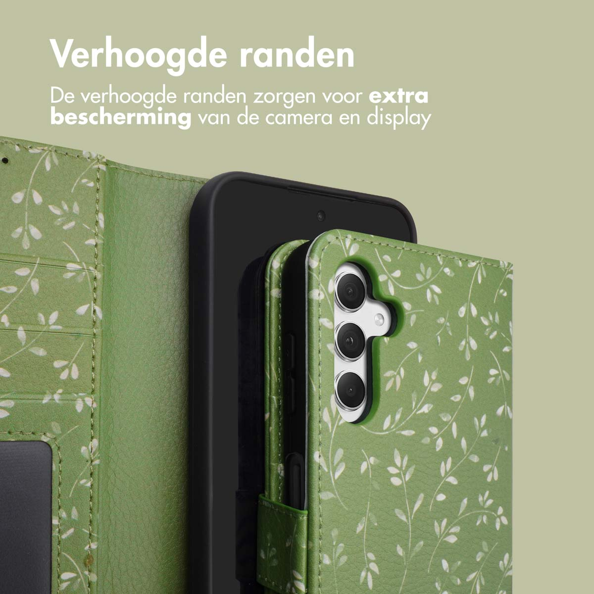 Étui de téléphone vert à motif de feuilles, montrant des bords surélevés pour la protection.