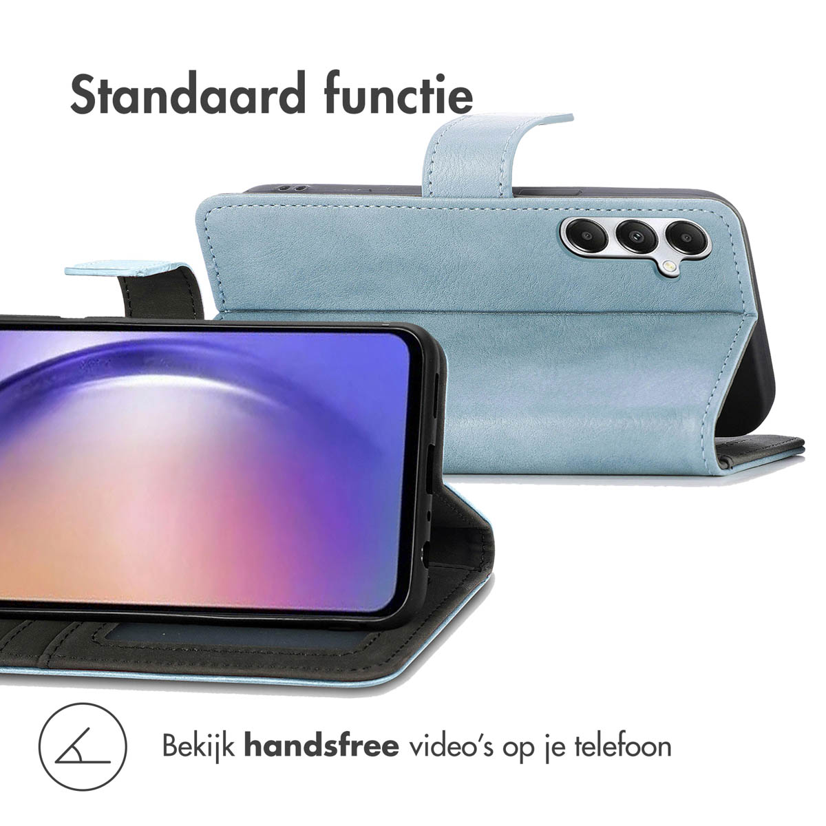 Een lichtblauwe telefoonhoes met ingebouwde standaard voor handsfree kijken.