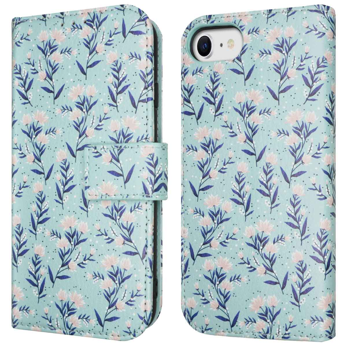 Telefoonhoesje met bloemenpatroon. Blauwe hoes. Witte achtergrond. Bovenaanzicht.
