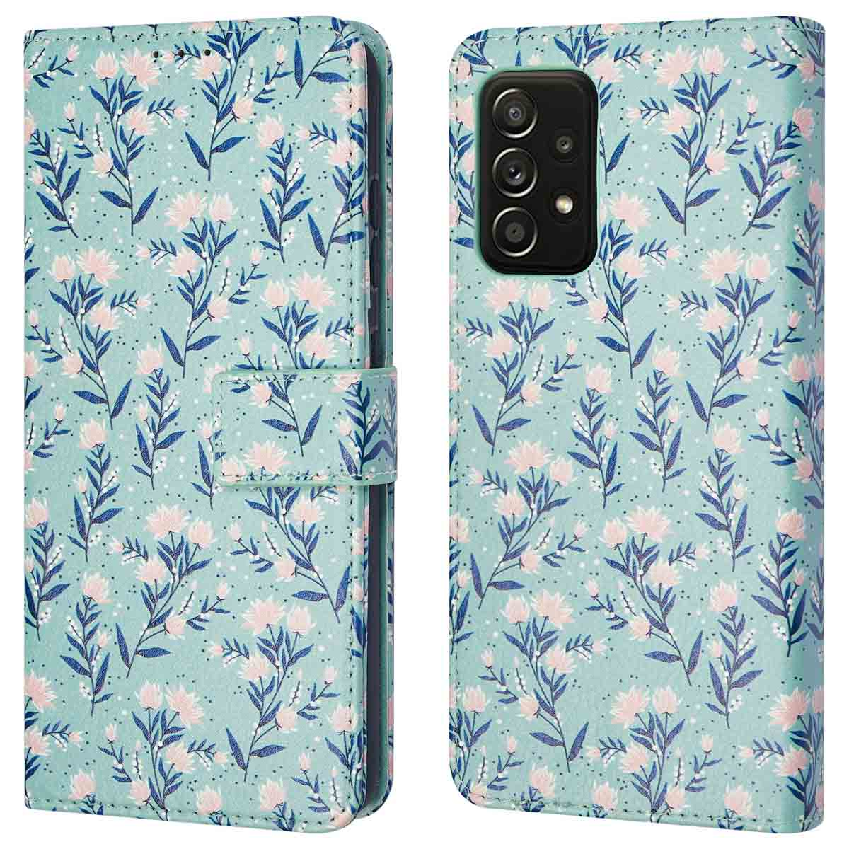 Telefoonhoes met bloemenpatroon met telefoon erin. De hoes is open met de telefoon erin.