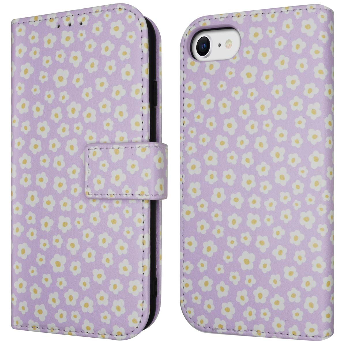 Een telefoonhoesje met bloemenpatroon, open om de telefoon te laten zien.